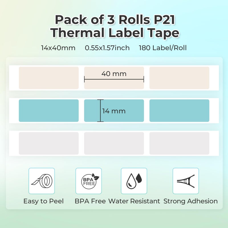 NELKO Genuine P21 Label Maker Tape, Adapted Label Print Paper, 14x40mm (0.55inx1.57in), Standard Laminated Labeling Replacement, Multipurpose of P21, 180 Tapes/Roll, 3-Roll, Grey/Brown/Green - Image 2